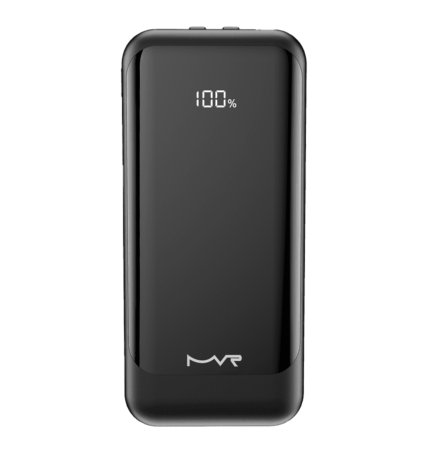 Black 10000mAh power bank for ultrafast charging, ideal for on-the-go use