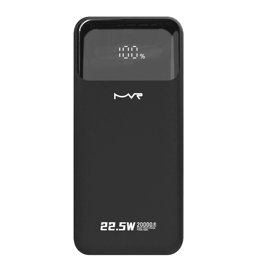 Black 20000mAh ultrafast portable power bank with built-in cable for fast charging.