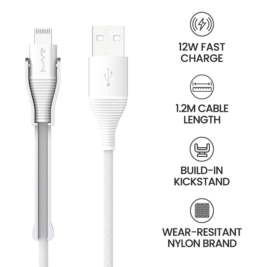 MVR Lightning Cable - White | MFi Certified 1.2m USB A, Fast Charging with Phone Stand - Image 8