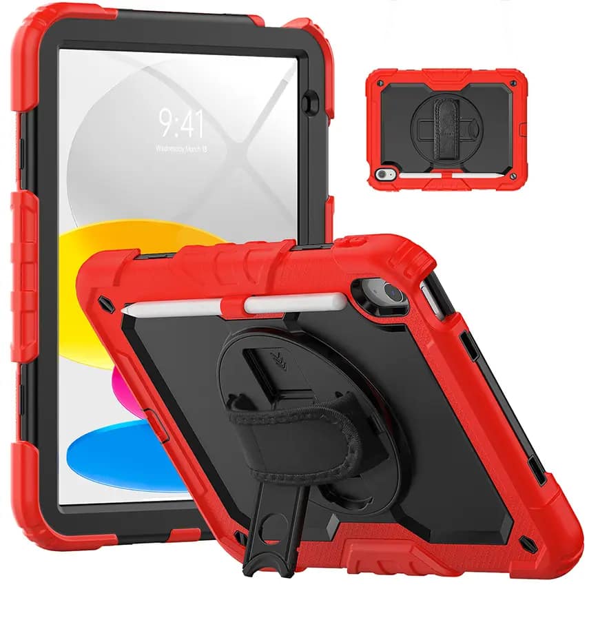iPad 10th Gen 10.9″ Survivor Rugged Case – Military Drop Protection with Hand Strap (Red)