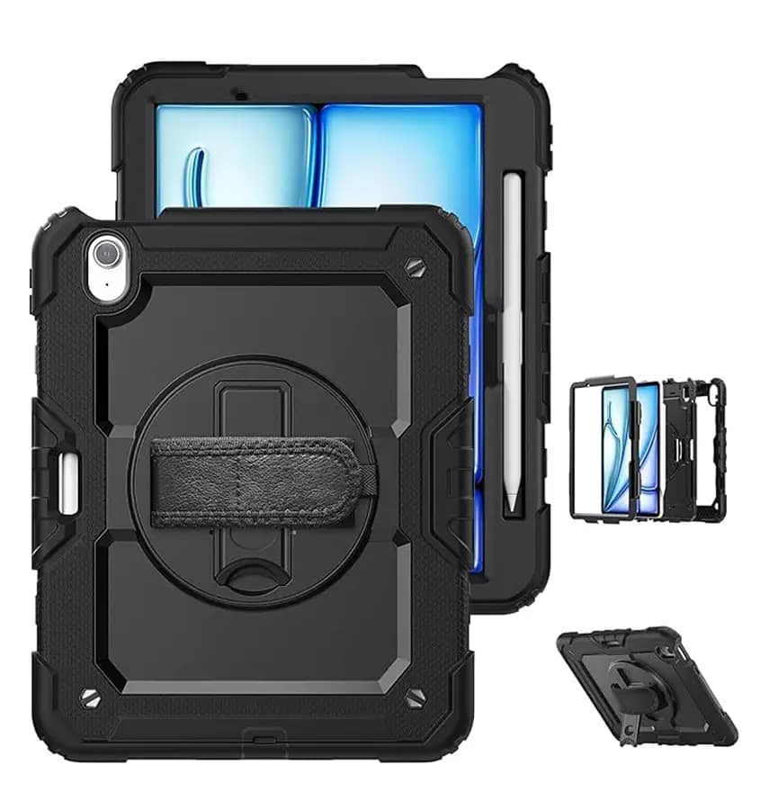 iPad Air 11 (2024) Heavy – Duty Armor Case – Shockproof Design with Non – Slip Hand Strap (Black)