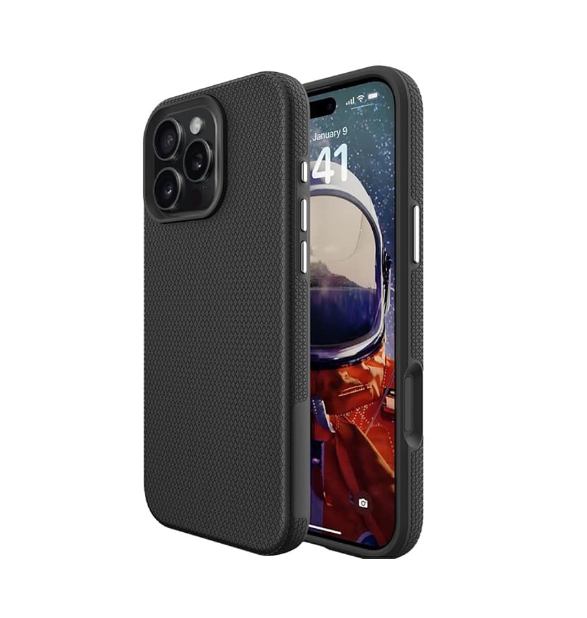 Black triangle MagSafe back cover for iPhone 16 Pro Max, durable and magnetic protection.