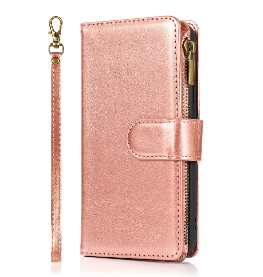 Rose Gold Zipper Wallet Flip Case for iPhone 14 Pro Max, sleek and secure.