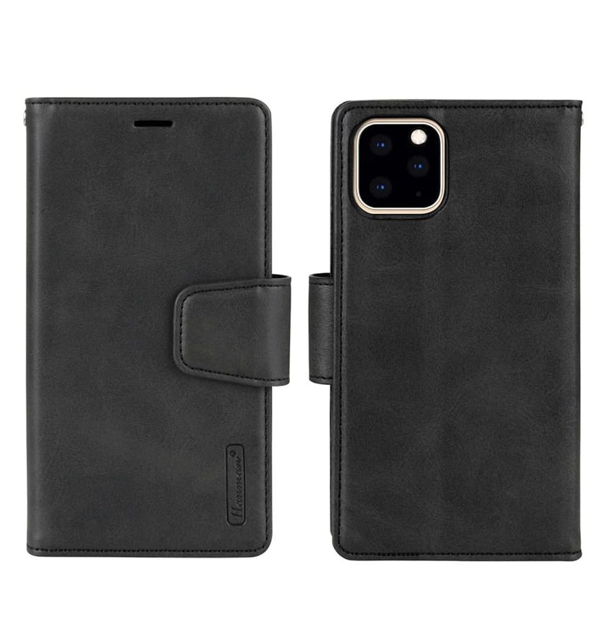 Black Hanman magnetic leather flip wallet case for iPhone 13/14/15/16e, sleek and reliable