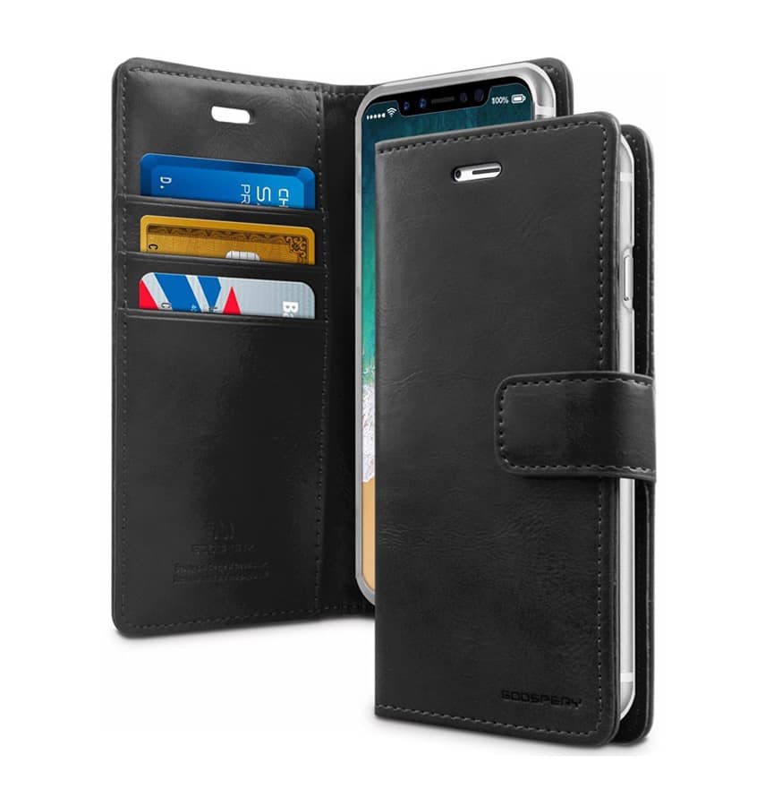 Black Mercury Bluemoon diary flip wallet case for iPhone X/Xs, stylish and secure.