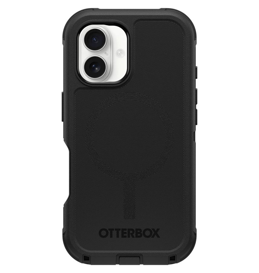 Black Otterbox Defender MagSafe Back Cover for iPhone 16 Plus, rugged and reliable