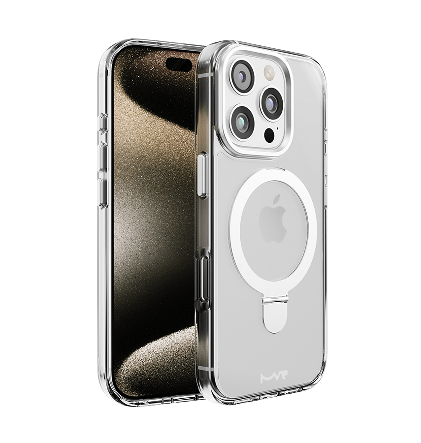 Silver MVR Stellar stand back cover for iPhone 16 Pro Max, sleek and functional design.