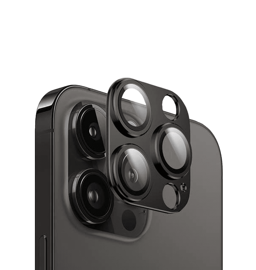 Black Alloy Camera Lens Protector for iPhone 14/14 Plus, durable and sleek design.