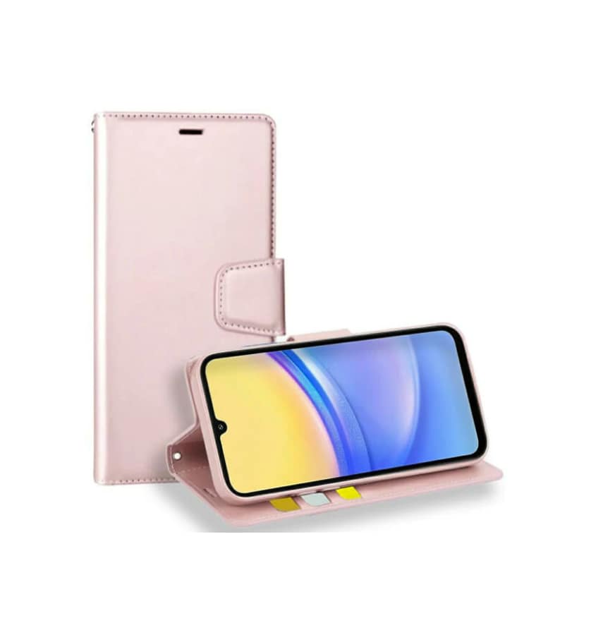 Rose gold Hanman flip wallet case with clasp for Samsung Galaxy A15, stylish security.