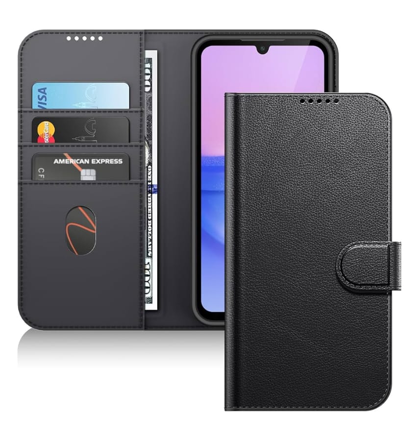 Black Hanman flip wallet case with clasp for Samsung Galaxy A15, practical and elegant.