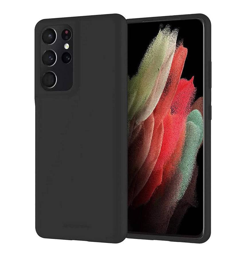 Black Mercury soft-touch silicone cover for Galaxy S21 Ultra.