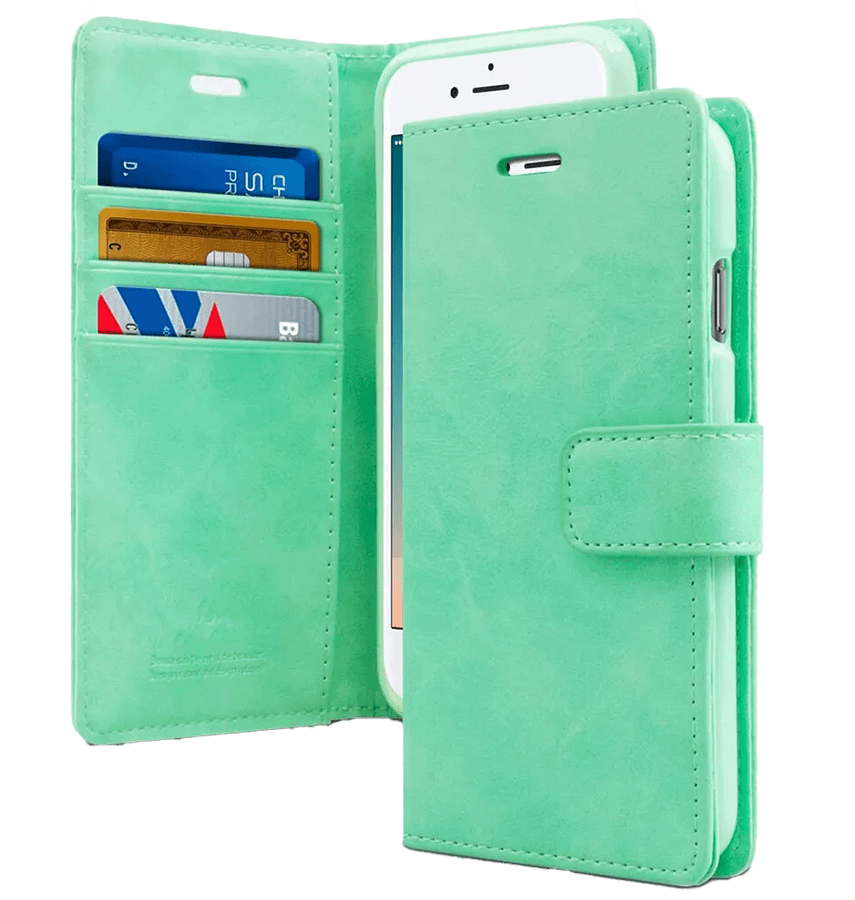 Mint Mercury Bluemoon Diary flip wallet cover for iPhone 13 Pro Max, smooth and secure.