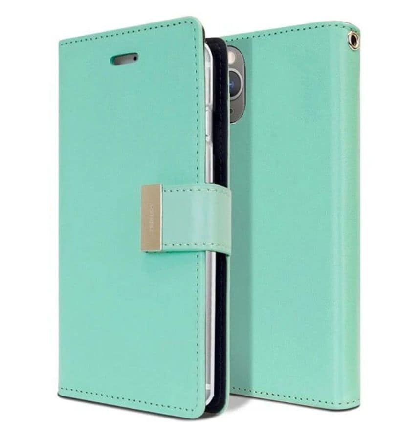 Mint/Navy Mercury Rich Diary Flip Wallet Case for iPhone 15 Plus, modern and versatile design