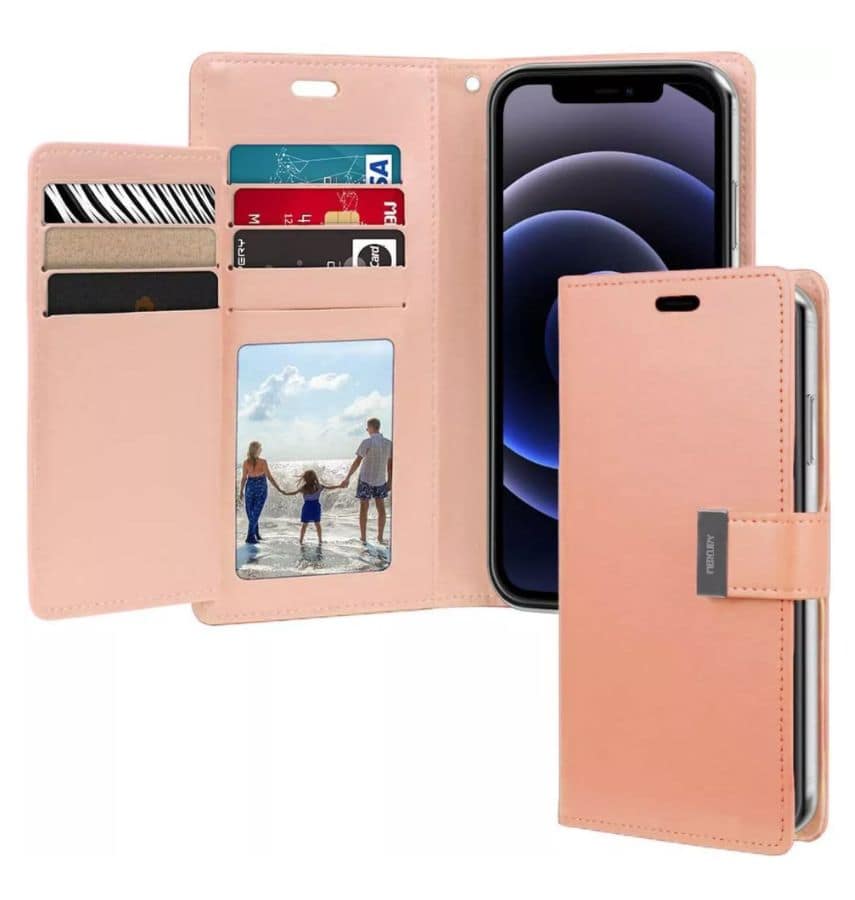 Rose Gold/Rose Gold Mercury Rich Diary Flip Wallet Case for iPhone 15 Plus, elegant and protective