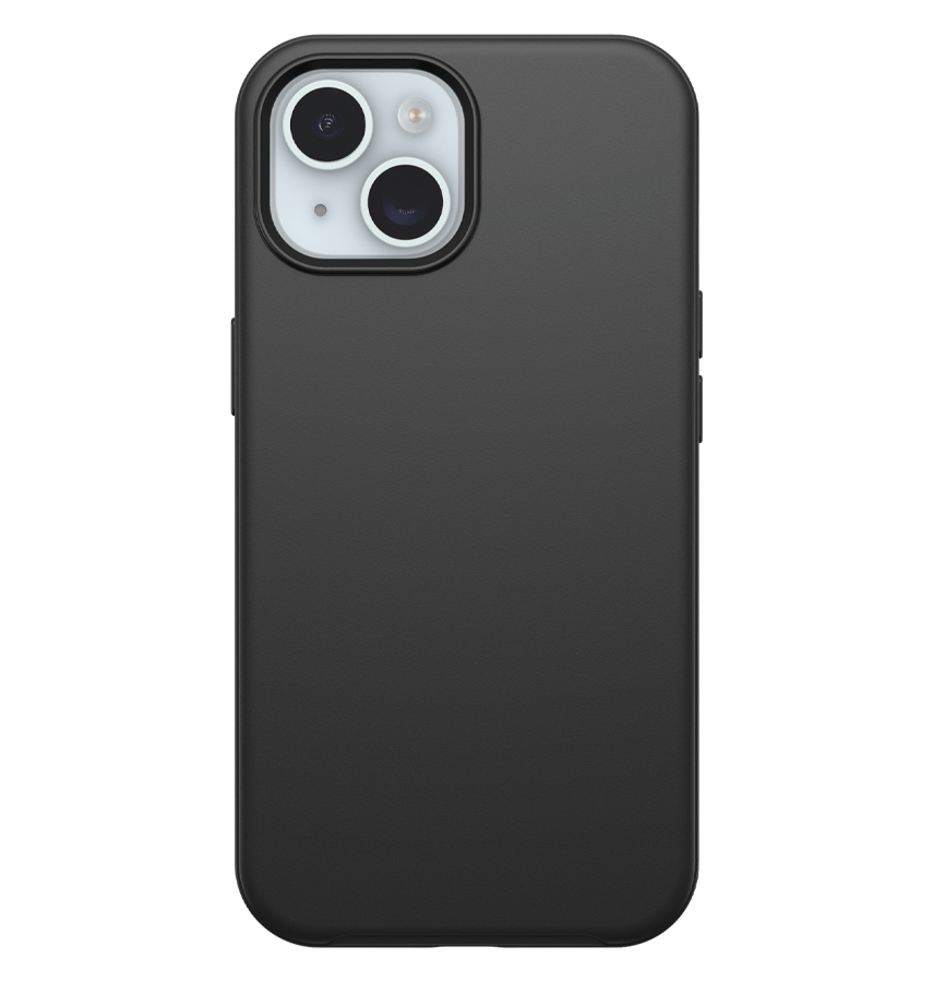 Black Otterbox Symmetry Plus MagSafe back cover for iPhone 15 Plus, durable protection.