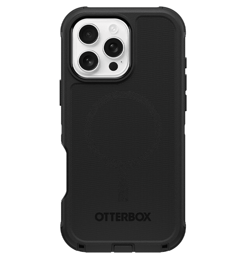 Black Otterbox Defender MagSafe back cover for iPhone 16 Pro Max, ultimate drop protection.