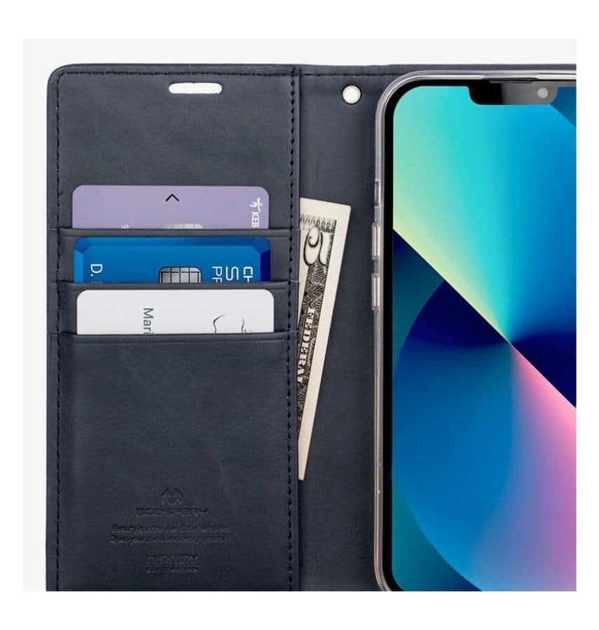 Black Mercury Bluemoon diary flip wallet cover for iPhone 16 Pro, sleek design with full protection.