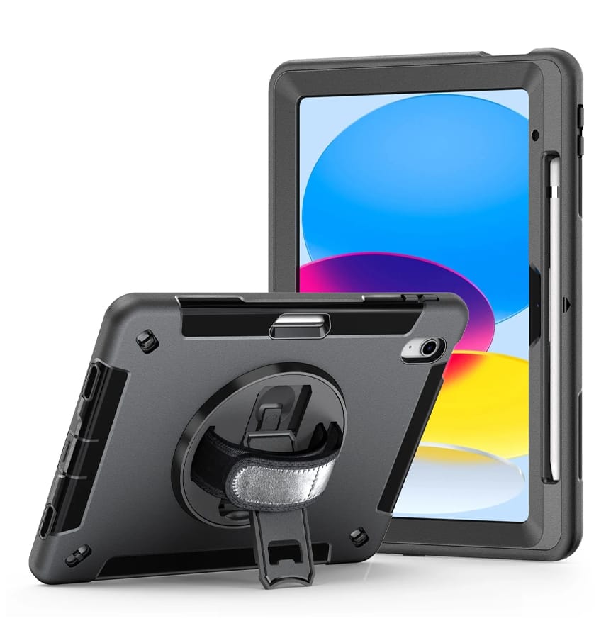 Black Survivor hand strap case for iPad 10.9 10th Gen, sleek and tough protection