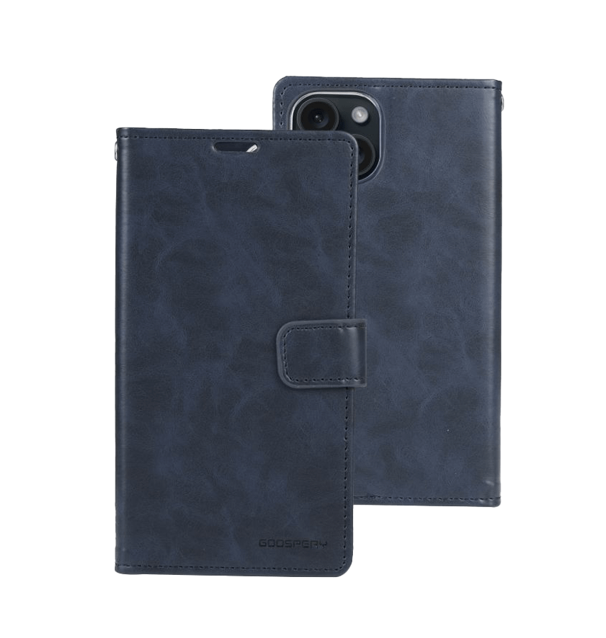 Navy Mercury Bluemoon Diary flip wallet case for iPhone 13/14/15/16e, stylish and functional