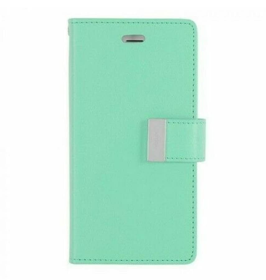 Mint/Navy Mercury Rich Diary flip wallet case for iPhone 13 Pro, sleek and protective