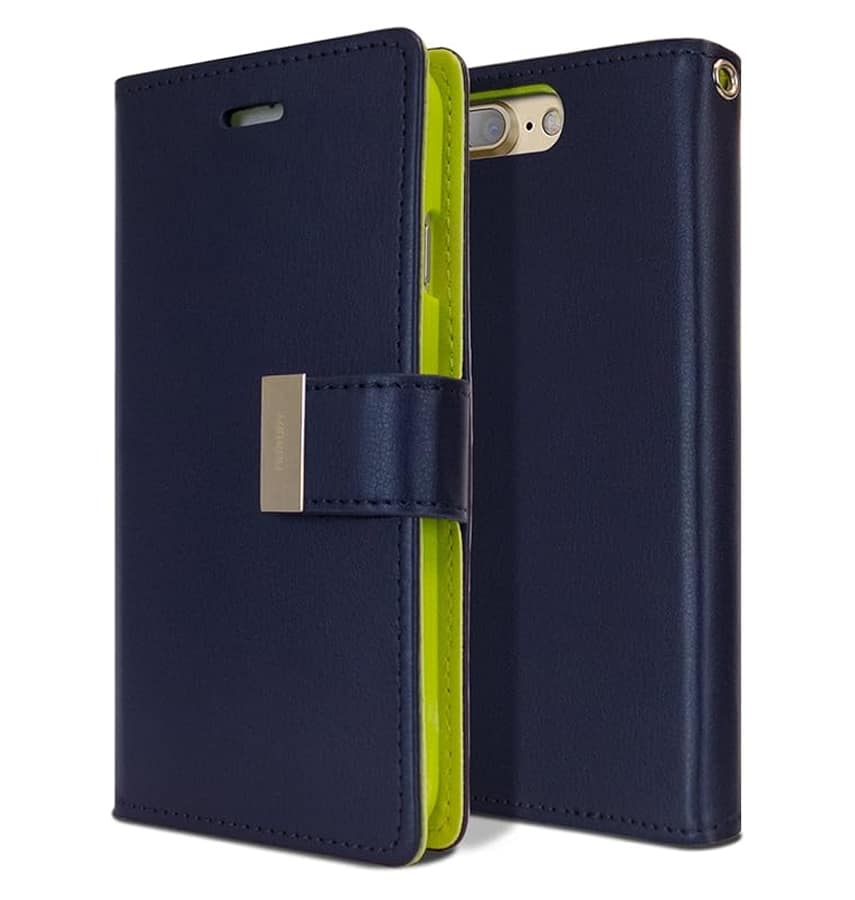 iPhone 14 Pro Rich Diary Case – Navy/Lime | Mercury – Card Slots, Magnetic Closure & Stylish PU Leather