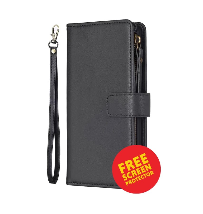 iPhone 17 Air Zipper Wallet Case – Black | Multi-Slot Leather Wallet, Zipper Closure, MagSafe Compatible