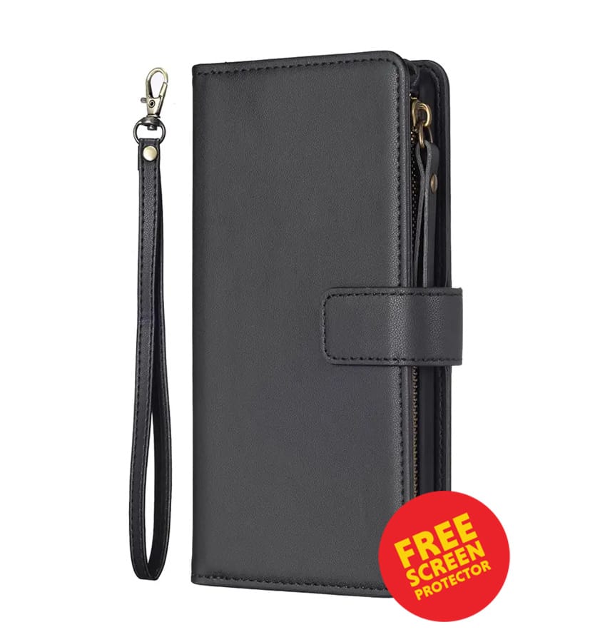 iPhone 17 Pro Zipper Wallet Case – Black | Multi-Slot Leather Wallet, Zipper Closure, MagSafe Compatible