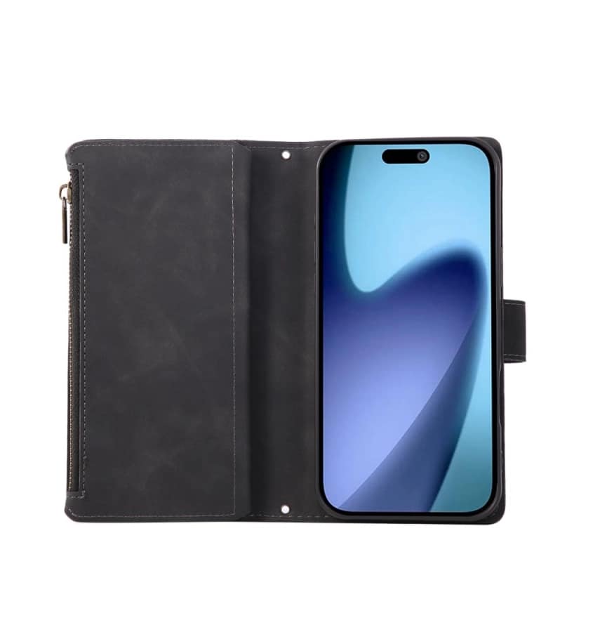 iPhone 17 Pro Max Zipper Wallet Case – Black | Multi-Slot Leather Wallet, Zipper Closure, MagSafe Compatible