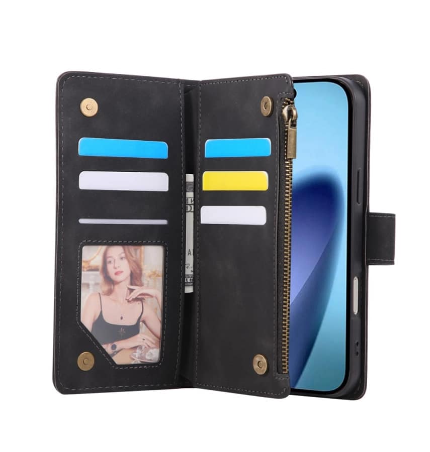 iPhone 17 Pro Max Zipper Wallet Case – Black | Multi-Slot Leather Wallet, Zipper Closure, MagSafe Compatible