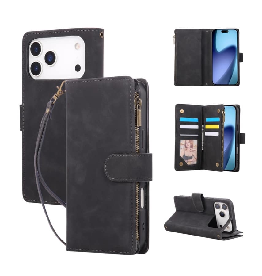 iPhone 17 Pro Max Zipper Wallet Case – Black | Multi-Slot Leather Wallet, Zipper Closure, MagSafe Compatible