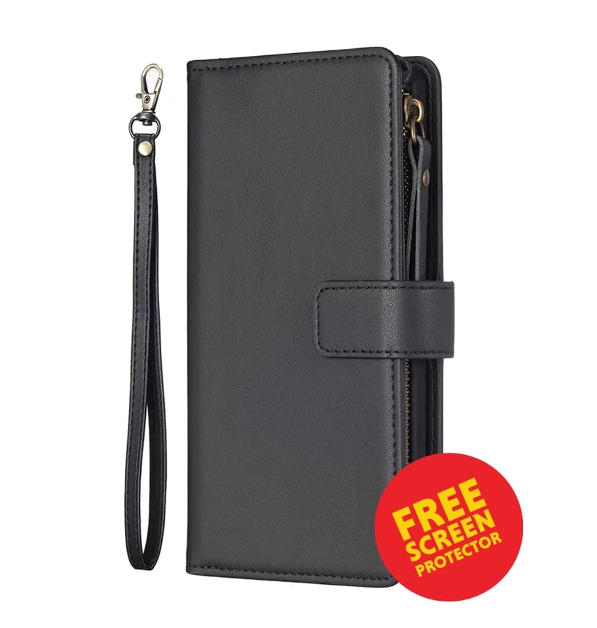 iPhone 17 Pro Max Zipper Wallet Case – Black | Multi-Slot Leather Wallet, Zipper Closure, MagSafe Compatible