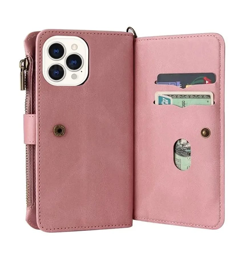 iPhone 17 Pro Max Zipper Wallet Case – Rose Gold | Multi-Slot Leather Wallet, Zipper Closure, MagSafe Compatible