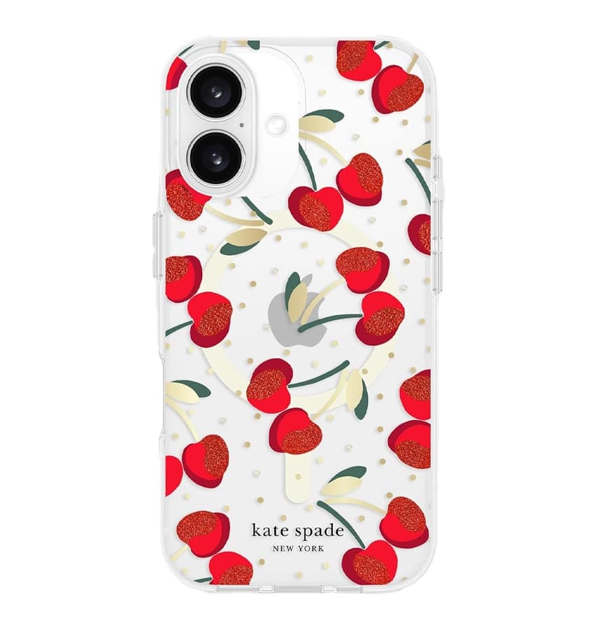 iPhone 16 Cherry Dot MagSafe Case – Clear/Red & Gold | Kate Spade Protective Cover with Stylish, Slim & Durable Design