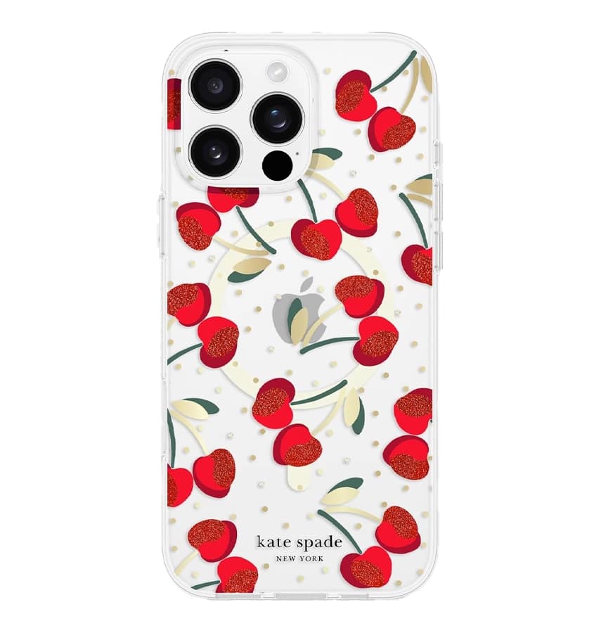 iPhone 16 Pro Max Cherry Dot MagSafe Case – Clear/Red & Gold | Kate Spade Protective Cover with Stylish, Slim & Durable Design