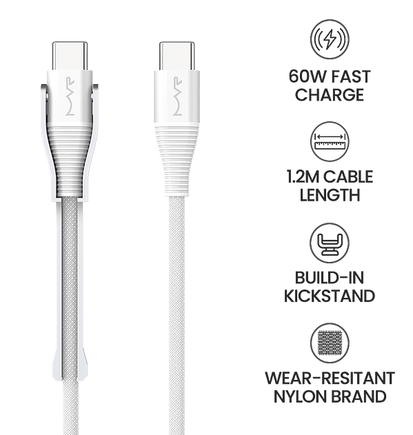 MVR 60W Fast Charging Cable 1.2m - White | Built - In Phone Kickstand, Nylon Braided, PD 3.0 Compatible - Image 8