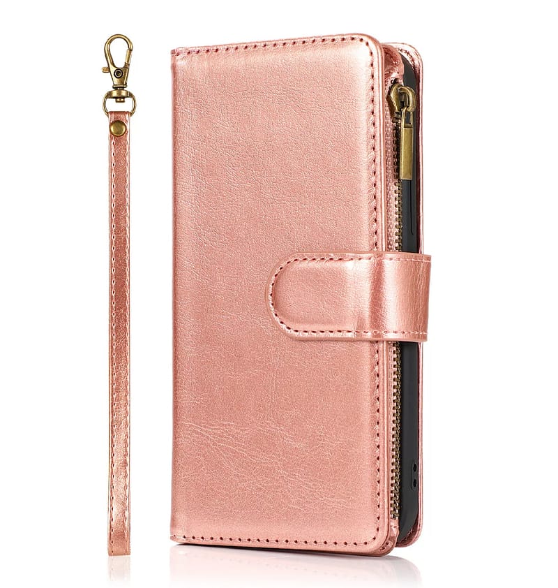 Rose Gold Zipper Flip Wallet Case for iPhone 15 Pro Max, sleek and functional