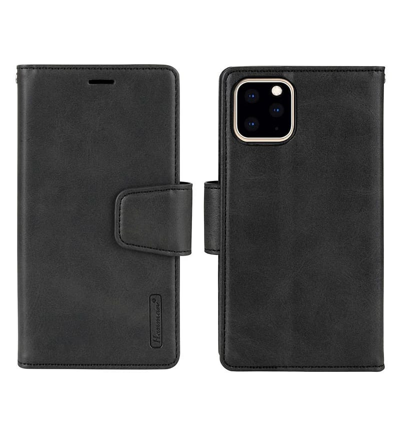 Black Hanman magnetic leather flip wallet case for iPhone 14 Pro, stylish and durable