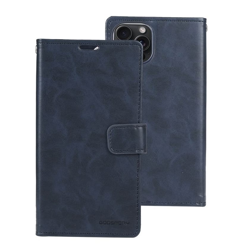Navy Mercury Bluemoon Diary Flip Wallet Case for iPhone 14 Pro, sleek and functional.