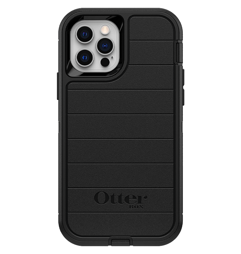 Black Otterbox Defender back cover for iPhone 12/12 Pro, tough and secure protection.