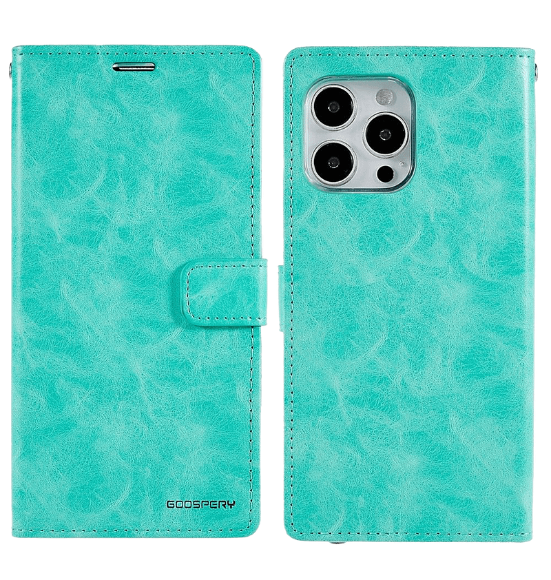 Mint Bluemoon flip wallet case for iPhone 14 Pro Max, stylish and secure