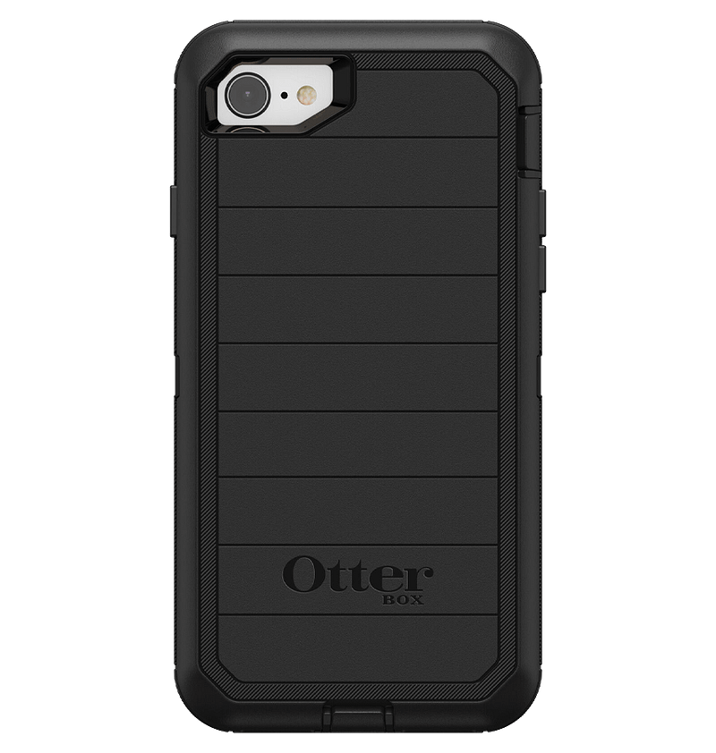 Black Otterbox Defender back cover for iPhone 7/8/SE2, heavy-duty protection.