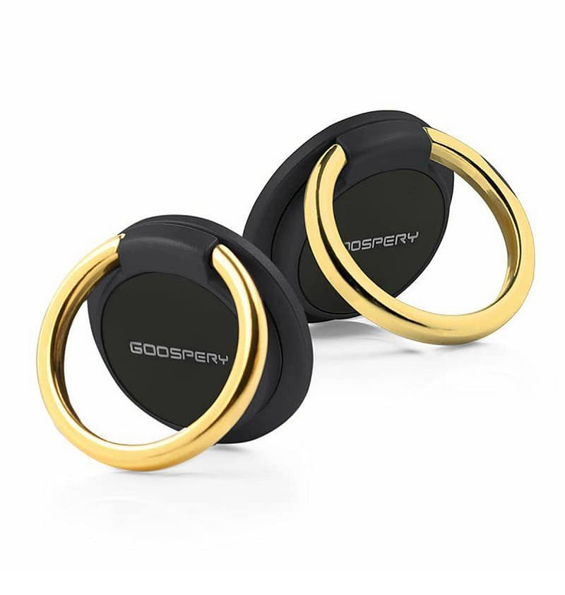 Black and gold Mercury pop socket ring, elegant phone grip with added flair.