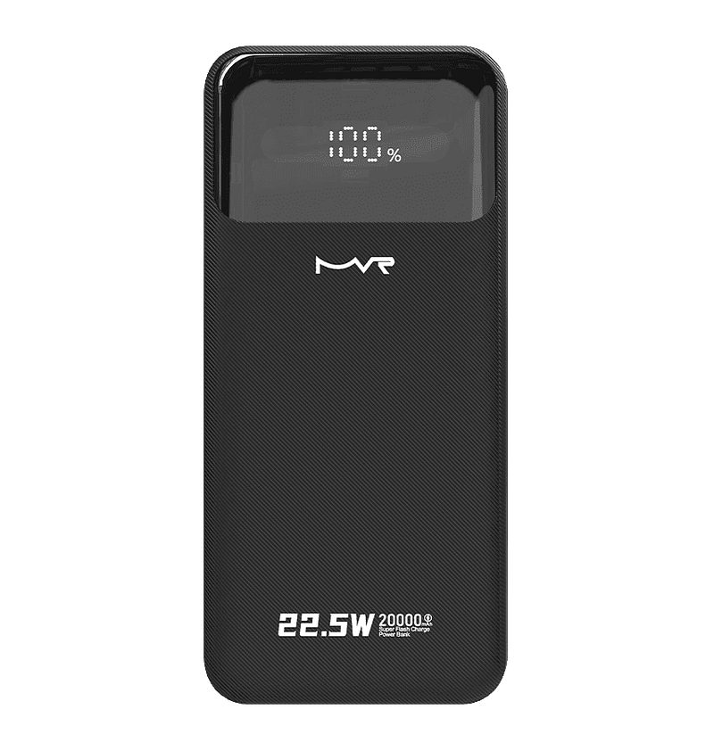 Black 20000mAh ultrafast portable power bank with built-in cable for fast charging.