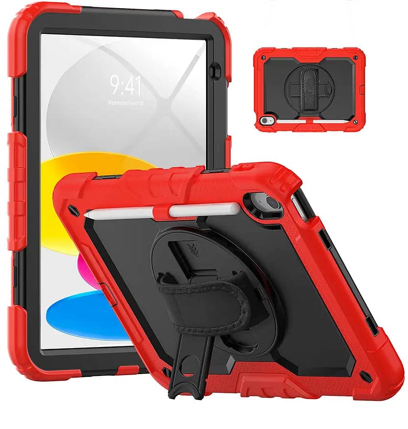 iPad 10th Gen 10.9″ Survivor Rugged Case – Military Drop Protection with Hand Strap (Red)