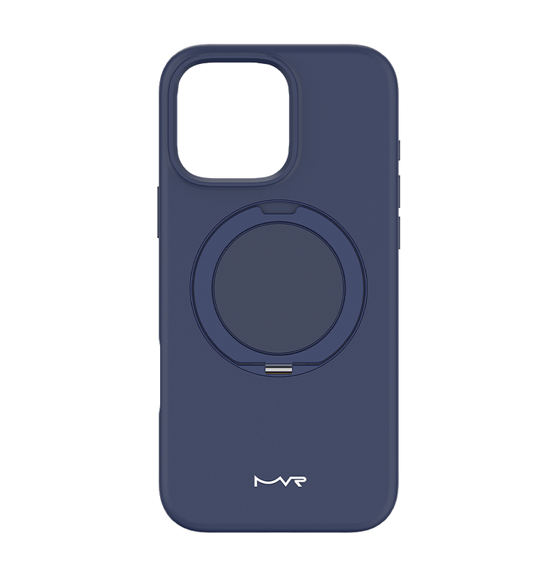 Navy MVR liquid silicone back cover with stand for iPhone 16 Pro, sleek and functional.