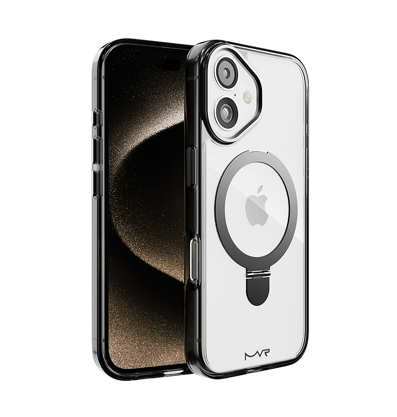 Smokey Black MVR Stellar Stand Back Cover for iPhone 16, sturdy and functional