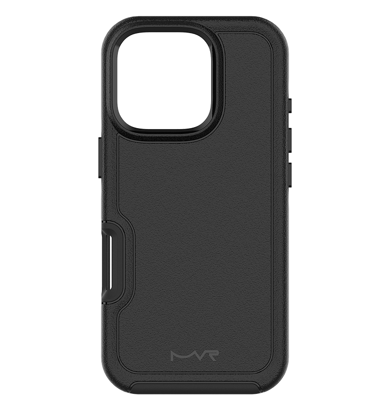 Black MVR Armour matte back cover for iPhone 16 Pro, tough matte protection.