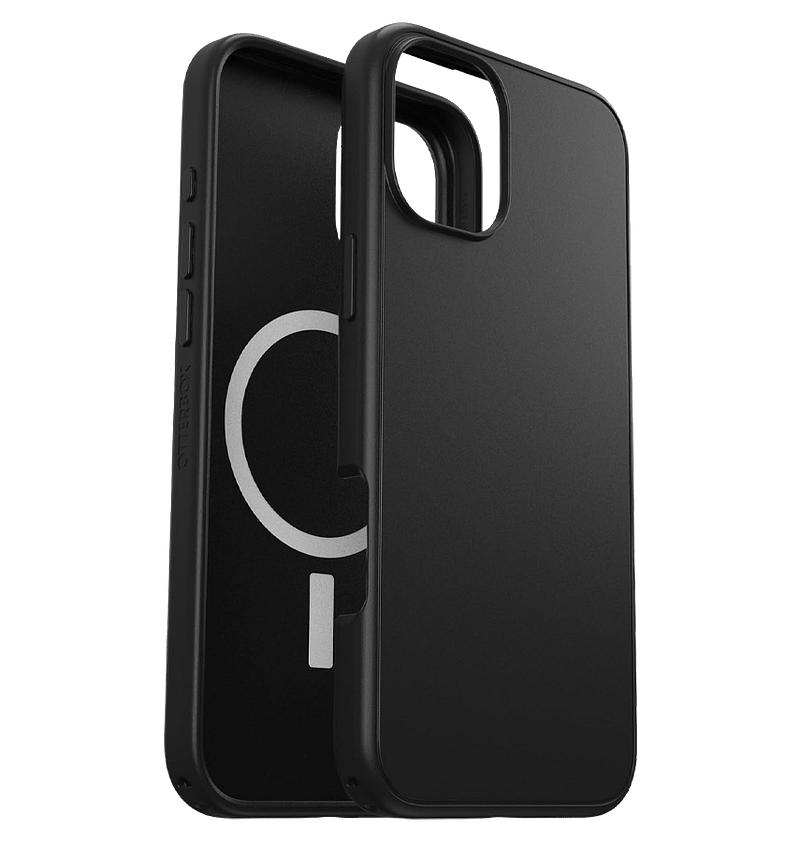 Black Otterbox Symmetry MagSafe Back Cover for iPhone 16, sleek and durable