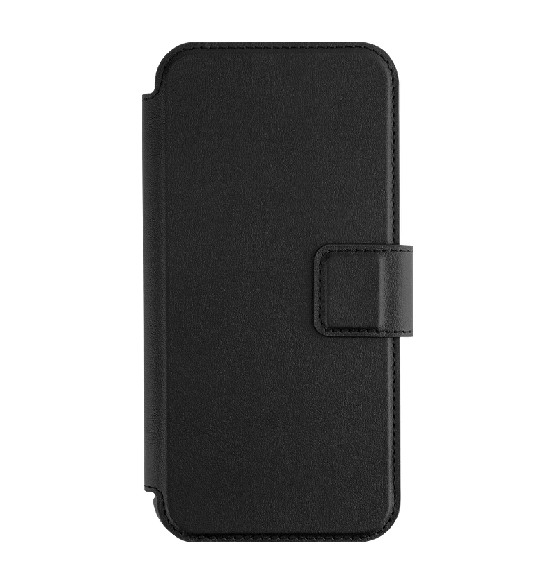 Black MVR Luxe-Guard MagSafe flip wallet case for iPhone 16 Pro, detachable and stylish.