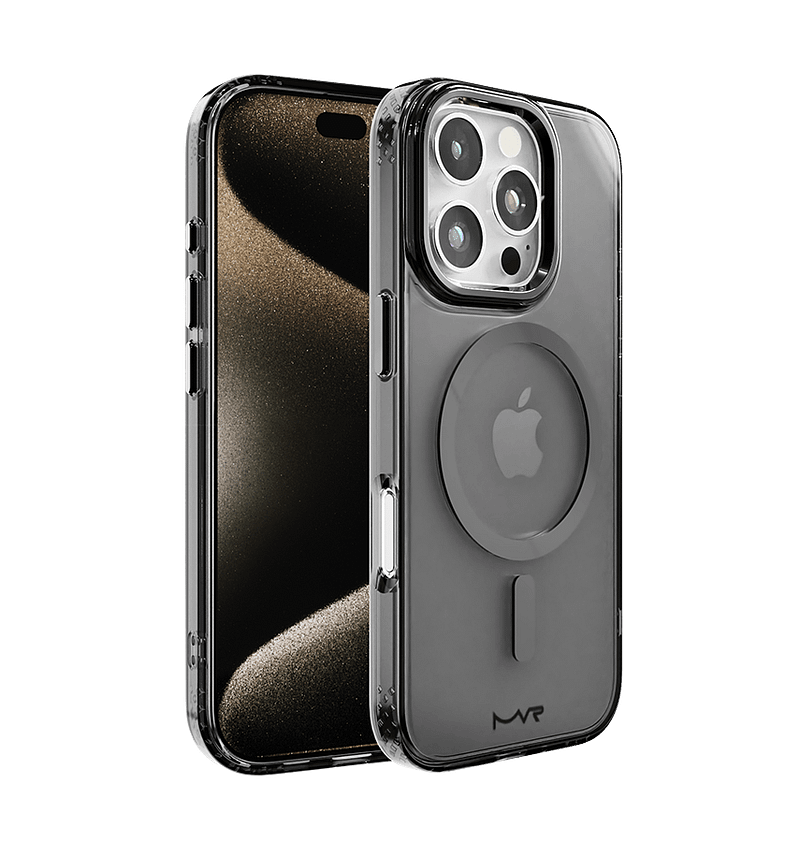 Black MVR Impact IMD back cover for iPhone 16 Pro, rugged protection with a sleek look.